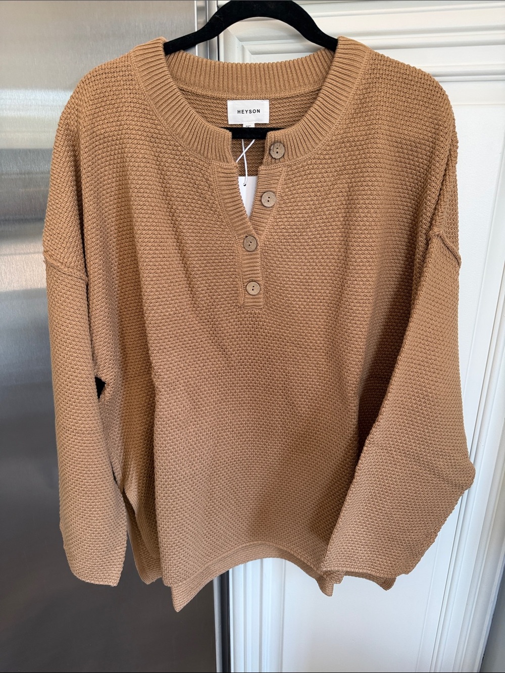 NWT Oversized Waffle Knit Henley Sweater | Heyson 1XL | Button Placket Side Slit